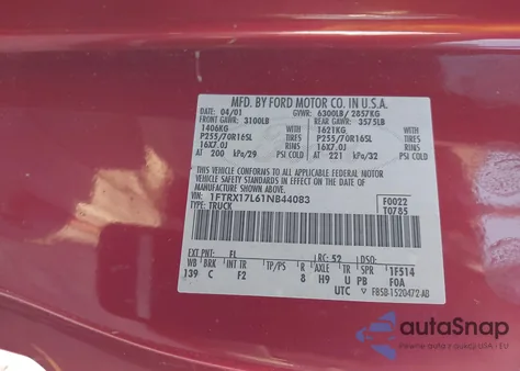 2001 Ford F-150 Lariat/Xl/Xlt z USA, uszkodzony, nr VIN 1FTRX17L61NB44083